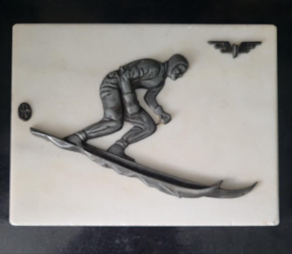 Te koop vintage wandpaneel art deco skiër, Antiek en Kunst, Kunst | Etsen en Gravures, Ophalen of Verzenden