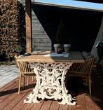 Unieke tuintafel met antieke gietijzeren poten en haardvuur, Ophalen, Gebruikt, Rechthoekig, Hout