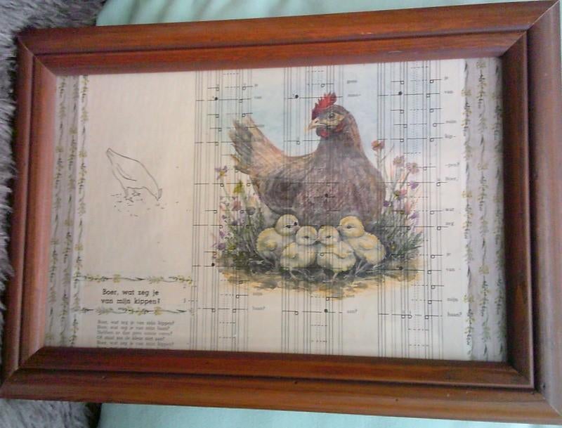 houten lijst met kip + lied boer wat zeg je van mijn kippen, Antiek en Kunst, Ophalen of Verzenden