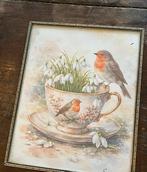 Antieke grote Deense fotolijst, roodborstje en sneeuwklokjes, Antiek en Kunst, Ophalen of Verzenden