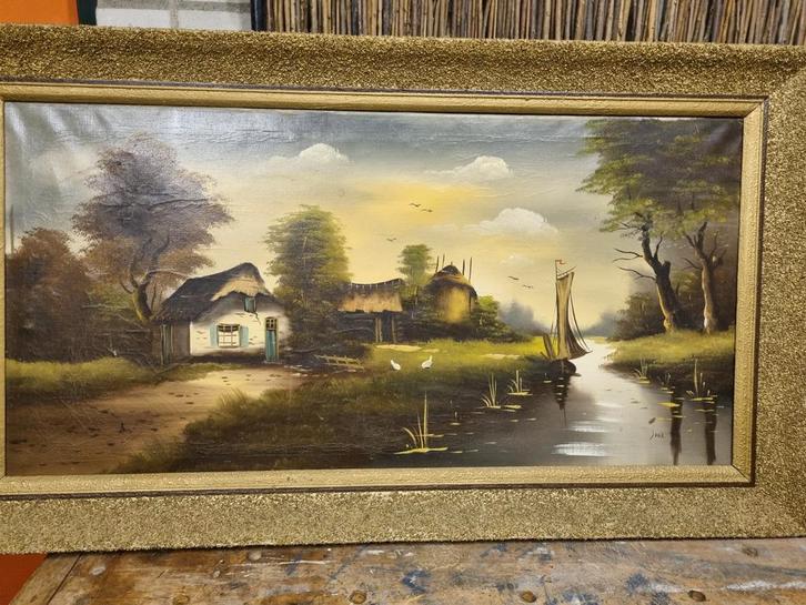 Klassiek olieverfschilderij Hollands landschap, Antiek en Kunst, Kunst | Schilderijen | Klassiek, Ophalen of Verzenden
