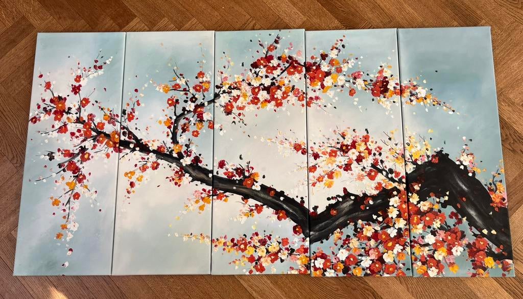 Groot schilderij Japanse lentebloesem 5 panelen, Antiek en Kunst, Ophalen of Verzenden
