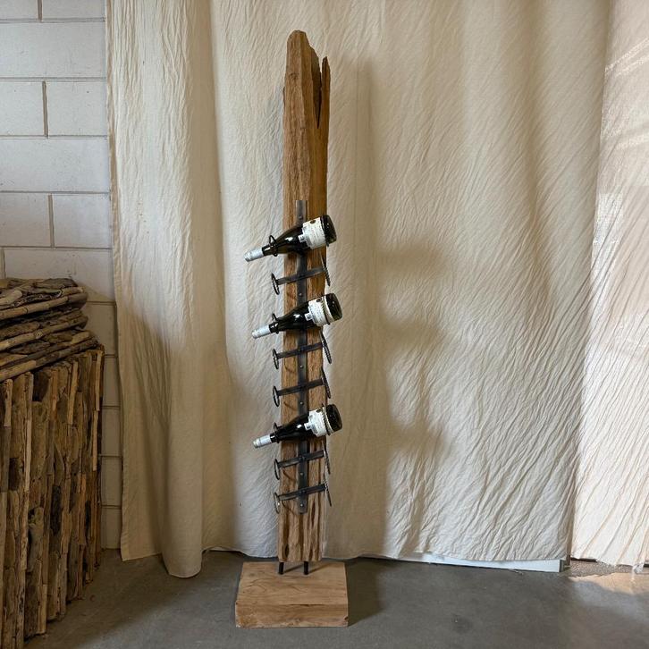 Wijnrek – teak / metaal – voor 8 flessen – TTM Wonen, Huis en Inrichting, Woonaccessoires | Wijnrekken, Nieuw, 75 cm of meer, Metaal