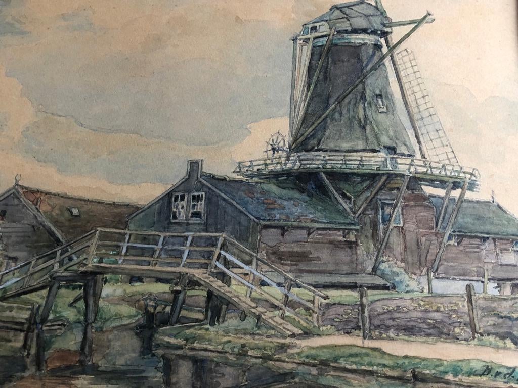 35) Aquarel, ingelijst met passepartout achter oud floatglas, Ophalen