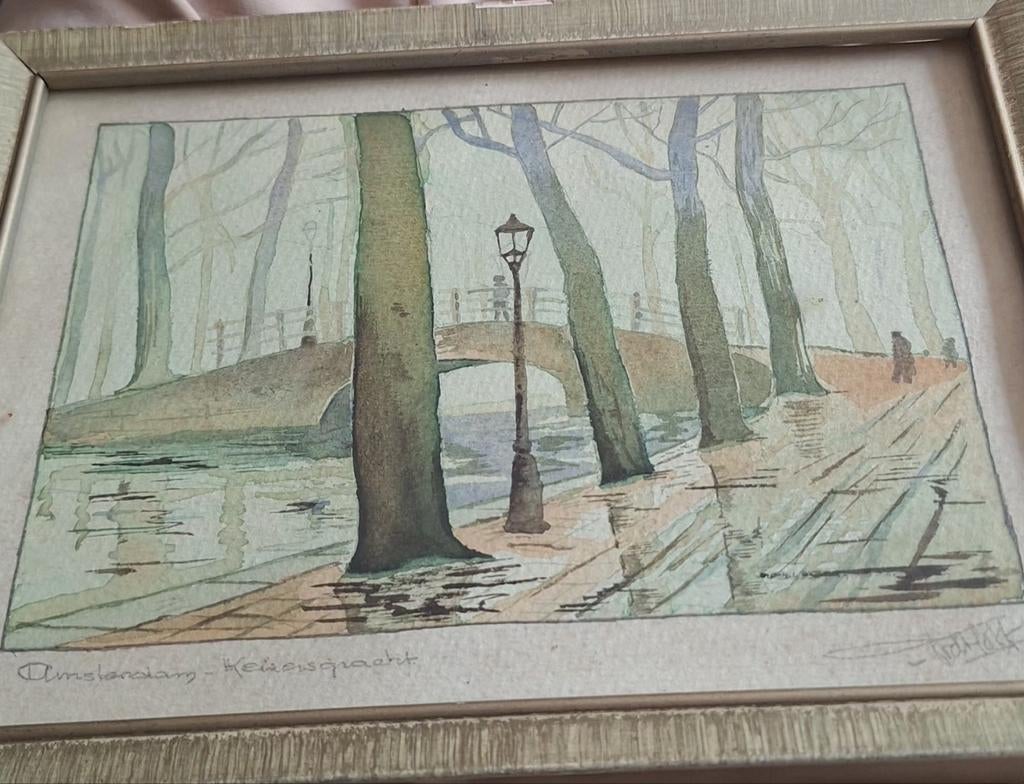 Aquarel 'Amsterdam - Keizersgracht' ingelijst, Ophalen of Verzenden