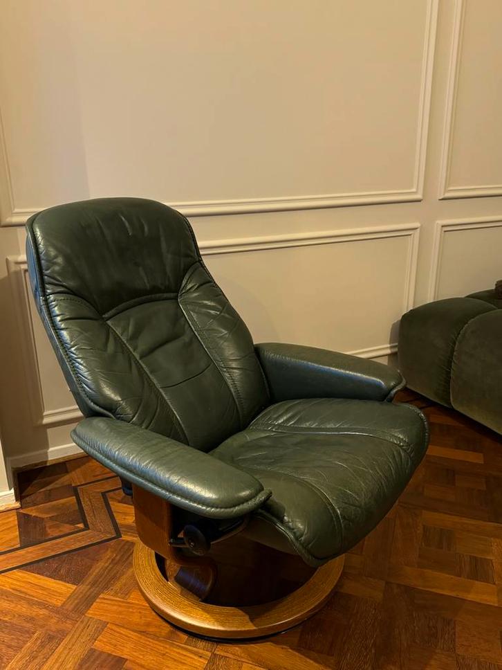 Ekornes stressless groene leren relaxfauteuil, Huis en Inrichting, Fauteuils, Gebruikt, Leer, 75 tot 100 cm, Ophalen