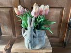 NIEUW grote pot met kijken haas konijn en 3 bos tulpen, Ophalen, Nieuw