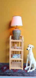 Robuuste vintage aardewerk schemer lamp, groen, linnen kap, Overige materialen, Gebruikt, Vintage, Ophalen of Verzenden