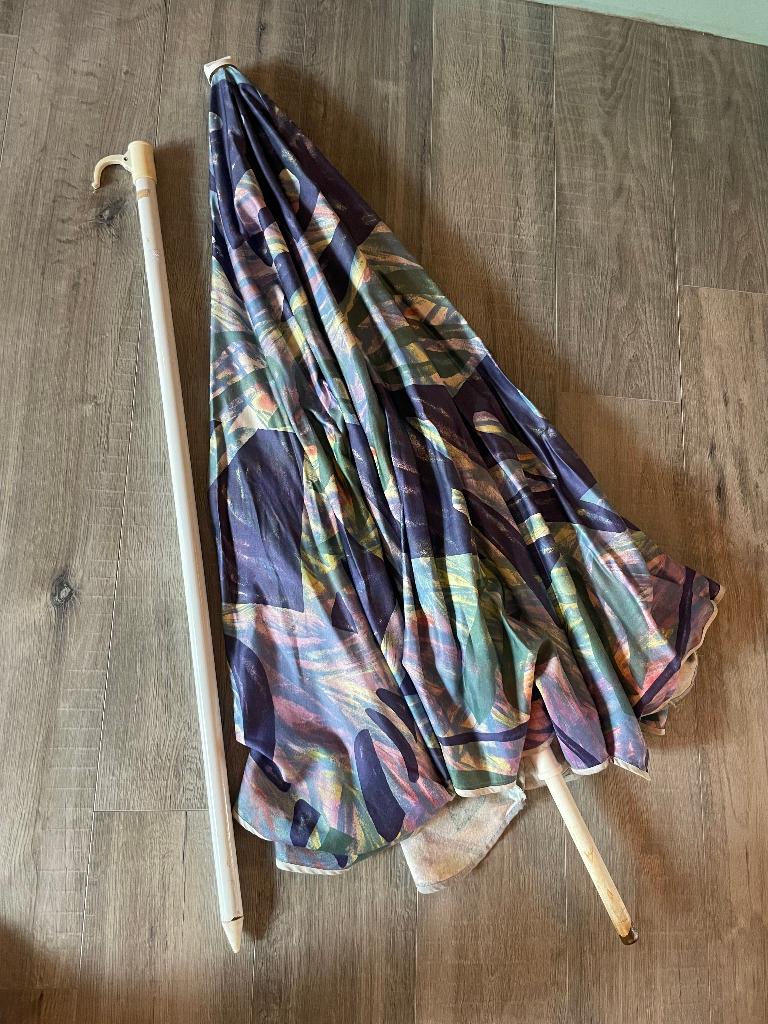 Vintage retro grote 195cm kantelbare parasol grafisch boho, Gebruikt, Kantelbaar, Ophalen of Verzenden, 1 tot 2 meter