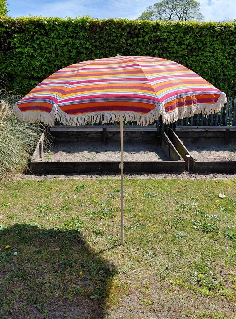 Vintage Oude Parasol met Franjes - Kleurrijk en Uniek, Ophalen, Gebruikt, 2 tot 3 meter, Stokparasol