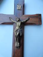 t Antiek palissander houten kruisbeeld met koper ingelegd, Ophalen of Verzenden, Gebruikt, Beeld(je)