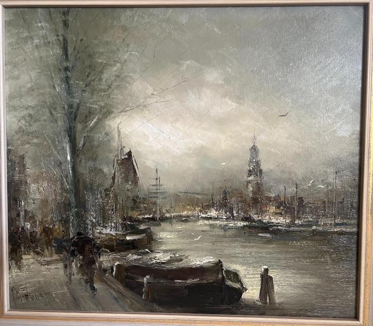 Schilderij John Bevort (1917-1996) - Amsterdam stadsgezicht, Antiek en Kunst, Kunst | Schilderijen | Klassiek, Ophalen of Verzenden
