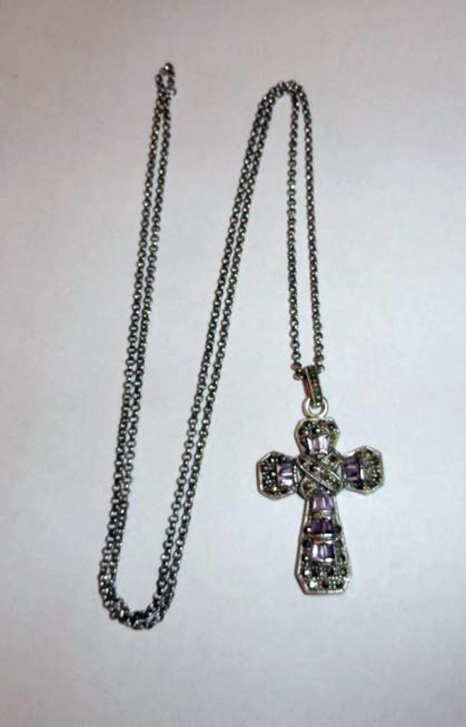 Ketting Kruis 925 Amethist Markasiet, Sieraden, Tassen en Uiterlijk, Antieke sieraden, Ketting, Zilver, Met edelsteen, Ophalen of Verzenden