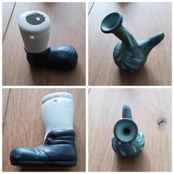Poppenvoetje antiek keramiek, Vaasje groen/grijs vintage ! beschikbaar voor biedingen