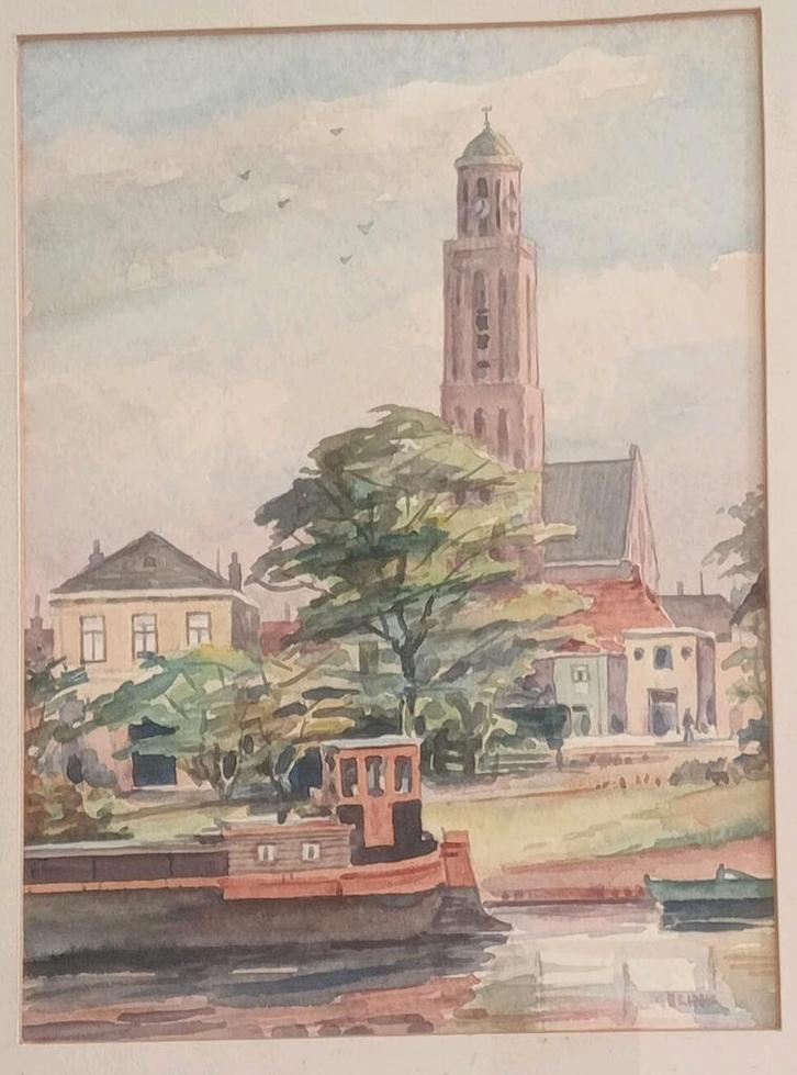 Johan Gelink Aquarel Stadsgezicht Zwolle De Peperbus, Antiek en Kunst, Kunst | Tekeningen en Foto's, Ophalen of Verzenden