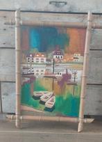 Leuke vintage wandkleedje, in 'faux bamboe' lijst, Ophalen of Verzenden