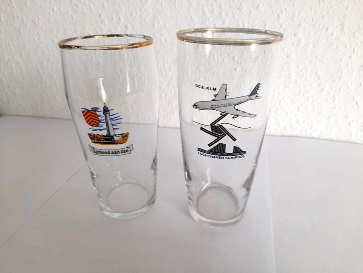 Egmond + Schiphol DC 8 souvenirglazen, 0,2 liter, jaren 60, Verzamelen, Glas en Borrelglaasjes, Gebruikt, Bierglas, Verzenden