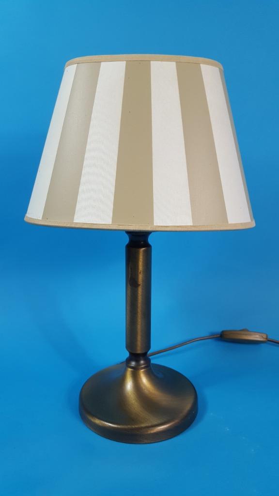 Brocante tafellamp, bronzen voet, gestreepte kap. S4, Huis en Inrichting, Lampen | Tafellampen, Gebruikt, Minder dan 50 cm, Ophalen of Verzenden
