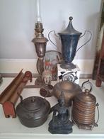 Antiek messing hout tabakspot olielamp koper beker 1951, Ophalen of Verzenden