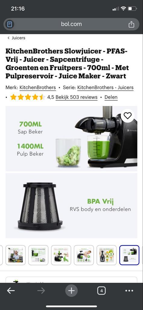 KitchenBrothers Slowjuicer - PFAS-Vrij - Sapcentrifuge, Witgoed en Apparatuur, Juicers, Nieuw, Slowjuicer, Elektrisch, Ophalen
