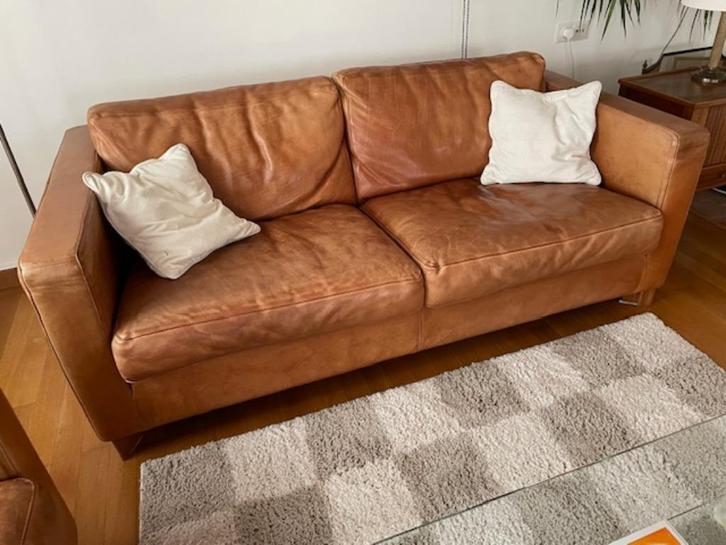 Twee Molinari leren 2 1/2 zits bankjes en fauteuil, Huis en Inrichting, Banken | Complete zithoeken, Gebruikt, Leer, Ophalen of Verzenden