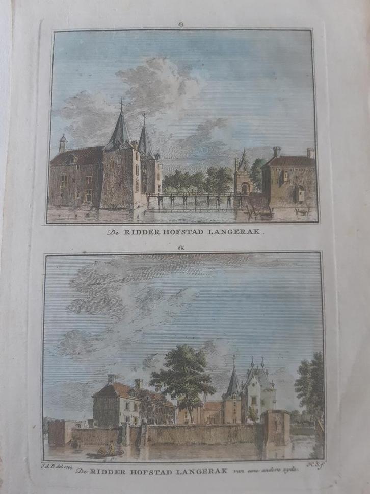 65-66 / Ridderhofstad Langerak Gekleurde kopergravure 1773, Antiek en Kunst, Kunst | Etsen en Gravures, Ophalen of Verzenden