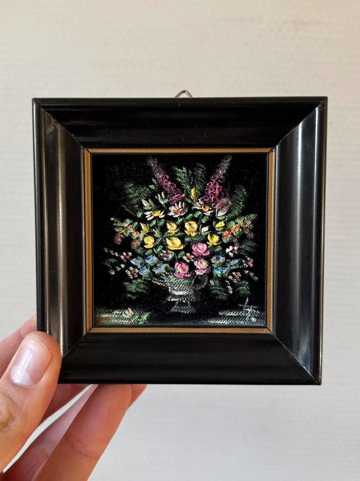 Vintage Miniatuur Schilderijtje op Stof Geschilderd, Gallery, Huis en Inrichting, Woonaccessoires | Schilderijen, Tekeningen en Foto's