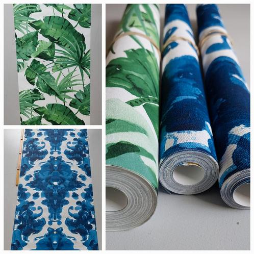 Restjes Behang Blauw 5m. Groen 8m. Botanisch Blad, Huis en Inrichting, Stoffering | Behang, Blauw, Groen, minder dan 10 m², Ophalen of Verzenden