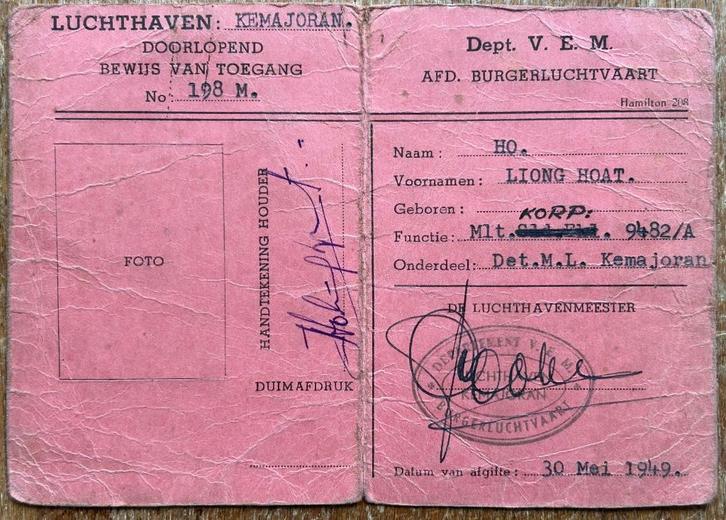 Legitimatie kaart ML-KNIL 1949 Kemajoran, Verzamelen, Militaria | Tweede Wereldoorlog, Foto of Poster, Nederland, Verzenden