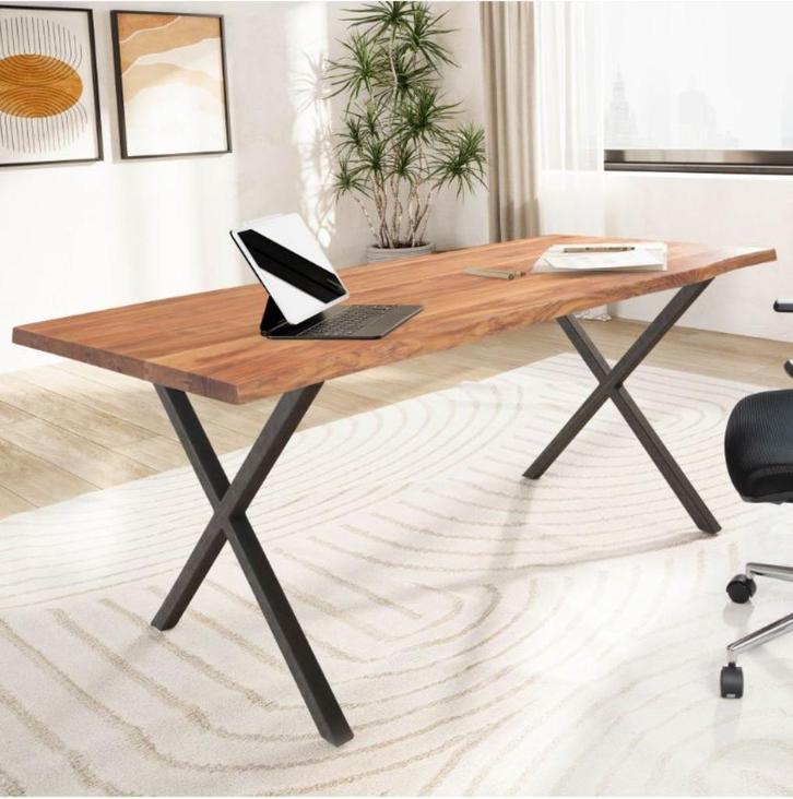 Bureau Massief Acaciahout 140 cm met kruispoten VOORRAAD, Huis en Inrichting, Bureaus, Nieuw, Bureau, Ophalen of Verzenden