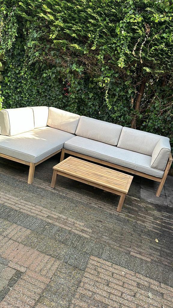 Karwei loungeset Nout, Tuin en Terras, Tuinsets en Loungesets, Gebruikt, Loungeset, Hout, 5 zitplaatsen, Bank, Bijzettafel, Ophalen