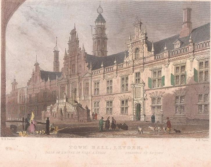 Leiden Leyden Town Hall Stadhuis Gekleurde Staalgravure 1828, Antiek en Kunst, Kunst | Etsen en Gravures, Ophalen of Verzenden