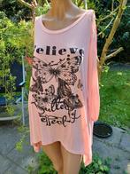Roze soepelvallend shirt met kant en tekst Mt L, Ophalen of Verzenden, Zo goed als nieuw, Roze, Korte mouw