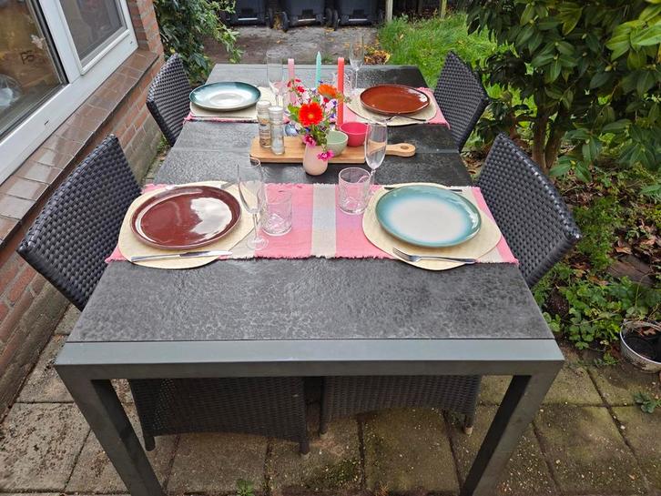 Granieten Tuintafel met 4 Stoelen - Zwart, Tuin en Terras, Tuintafels, Ophalen