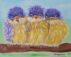 Schilderij 3 pluizige vogeltjes op boomstronk vrolijk acryl, Ophalen of Verzenden