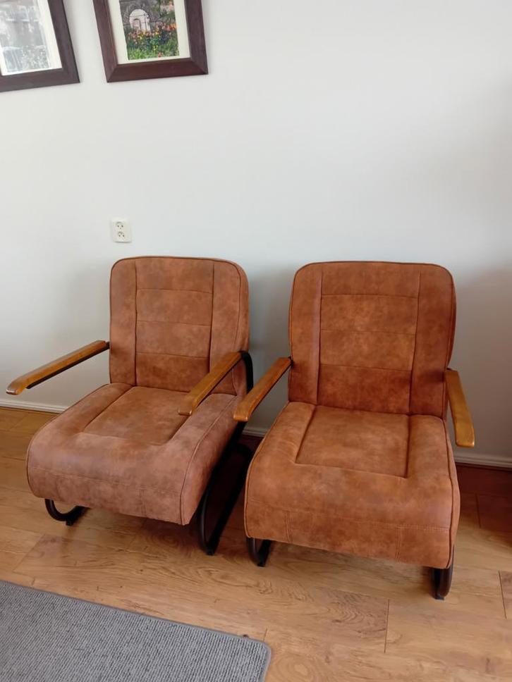 Vintage fauteuils - set van 2, Huis en Inrichting, Fauteuils, Gebruikt, Hout, Stof, 50 tot 75 cm, Minder dan 75 cm, Ophalen