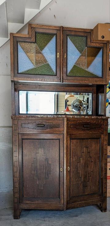 Mooie oude Art Deco buffet kast met facet geslepen spiegel 
