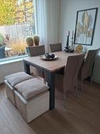 Houten Eettafel met 4 Leren Stoelen, Huis en Inrichting, Ophalen, Zo goed als nieuw, Modern, 4 tot 6 stoelen