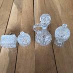 4 miniaturen kristal karafje 17,5 cm suikerpotje 13 en 9 cm, Ophalen of Verzenden