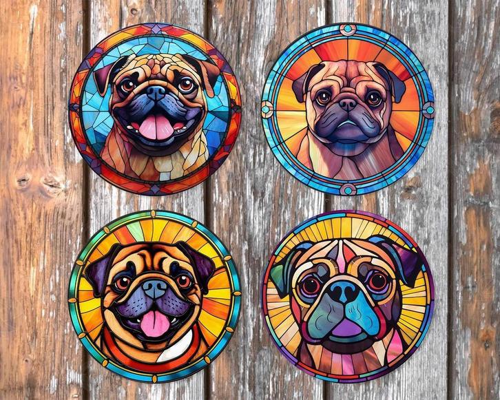 Mopshond Glas in lood onderzetters met houder rond, Huis en Inrichting, Woonaccessoires | Onderzetters, Nieuw, Glas of Kopje, Ophalen of Verzenden