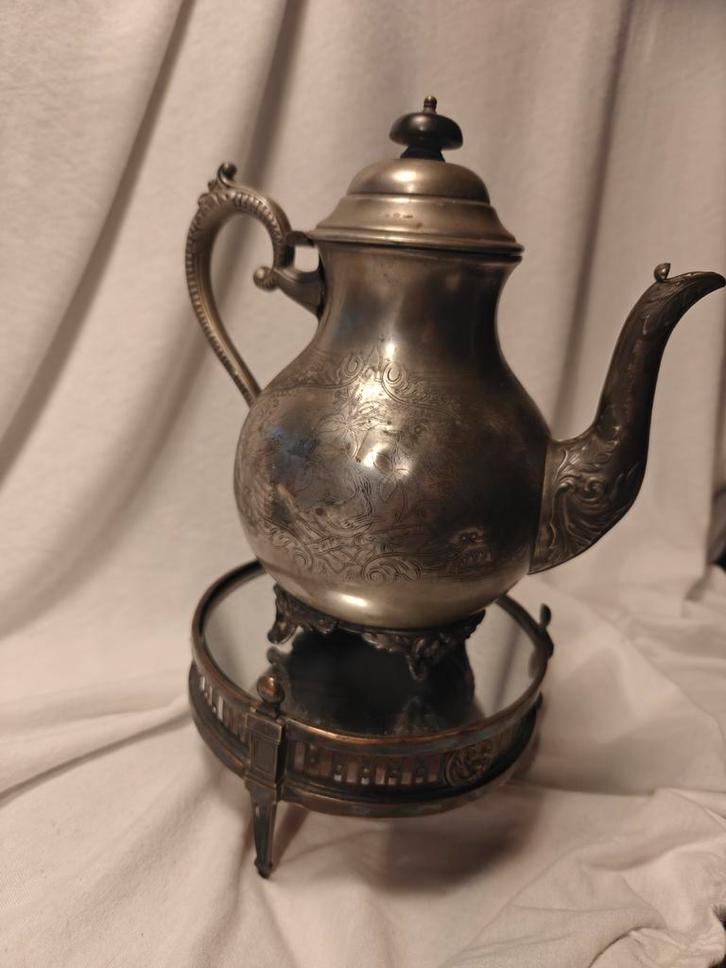 Antieke verzilverde theepot met warmhouder, Antiek en Kunst, Antiek | Goud en Zilver, Zilver, Ophalen of Verzenden