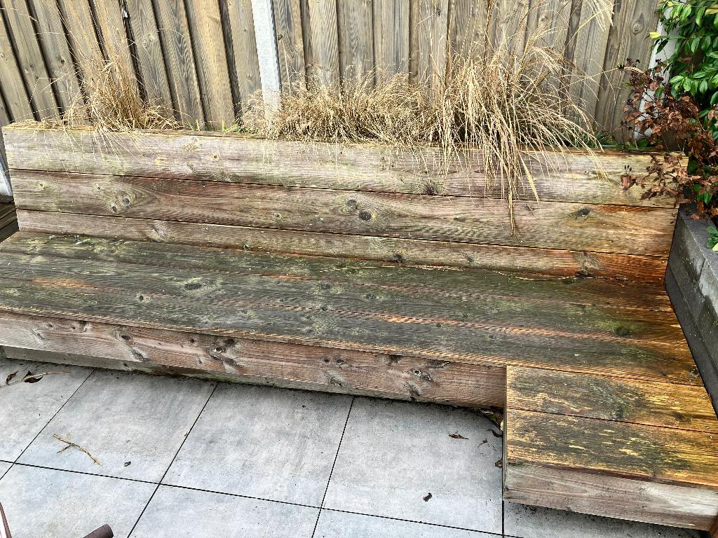 Buitenbank incl grijze kussen., Tuin en Terras, Ophalen, Gebruikt, Hout
