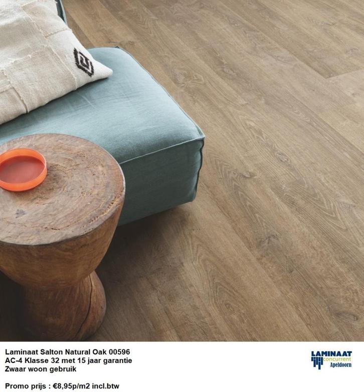 Laminaat Salton Natural Oak Zonder V-groev €8,95p/m2, Huis en Inrichting, Stoffering | Vloerbedekking, Nieuw, Laminaat, Bruin