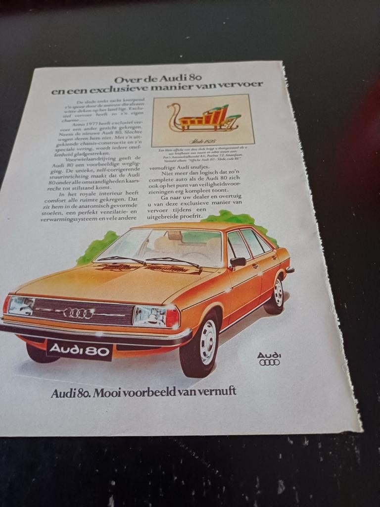 Advertentie van Audi 80 oranje 1977, Verzamelen, Ophalen of Verzenden, Zo goed als nieuw, Auto's