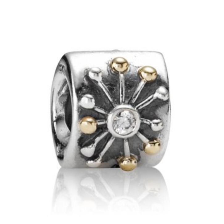 Pandora zilveren bedel met goud bolletjes en zirkonias, Sieraden, Tassen en Uiterlijk, Bedels, Pandora, Zilver, 1 bedel, Ophalen of Verzenden