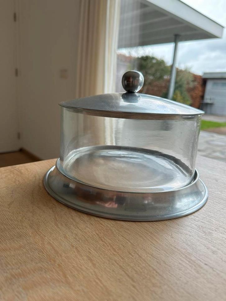 Glazen Koektrommel met Metalen Details, Huis en Inrichting, Woonaccessoires | Schalen en Manden, Gebruikt, Schaal, Rond, Glas