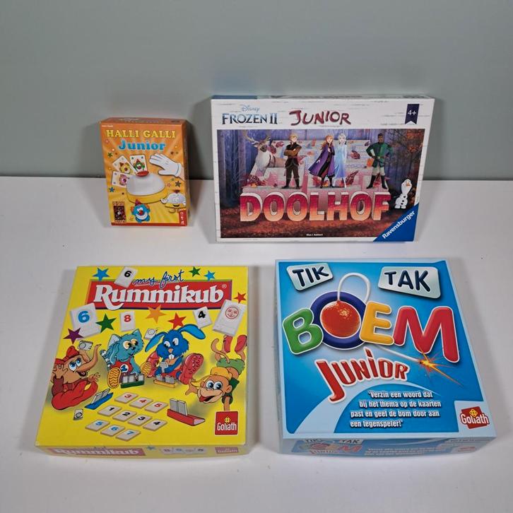 Spellenset Junior: Doolhof Frozen, tiktak Boem, Rummikub, Hobby en Vrije tijd, Gezelschapsspellen | Kaartspellen, Gebruikt, Een of twee spelers