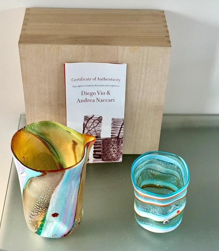 Murano Nachtset Blauw & Goud (15) met Certificaat Diego Vio, Antiek en Kunst, Antiek | Glas en Kristal, Ophalen