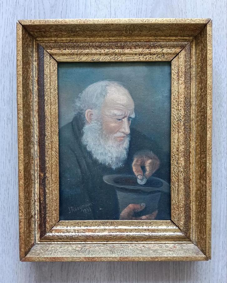 J Rooymans - Portret Oude man doet cent in hoed - 1943, Antiek en Kunst, Kunst | Schilderijen | Klassiek, Ophalen of Verzenden