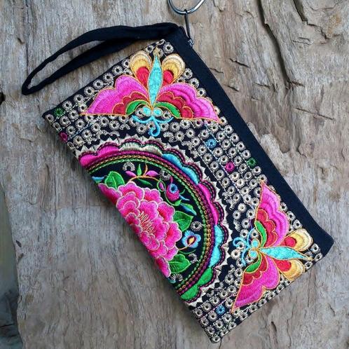 Stoffen Tasje - Etui - Geborduurd - ibiza boho style, Sieraden, Tassen en Uiterlijk, Toilettassen, Nieuw, Dame, Zwart, Verzenden